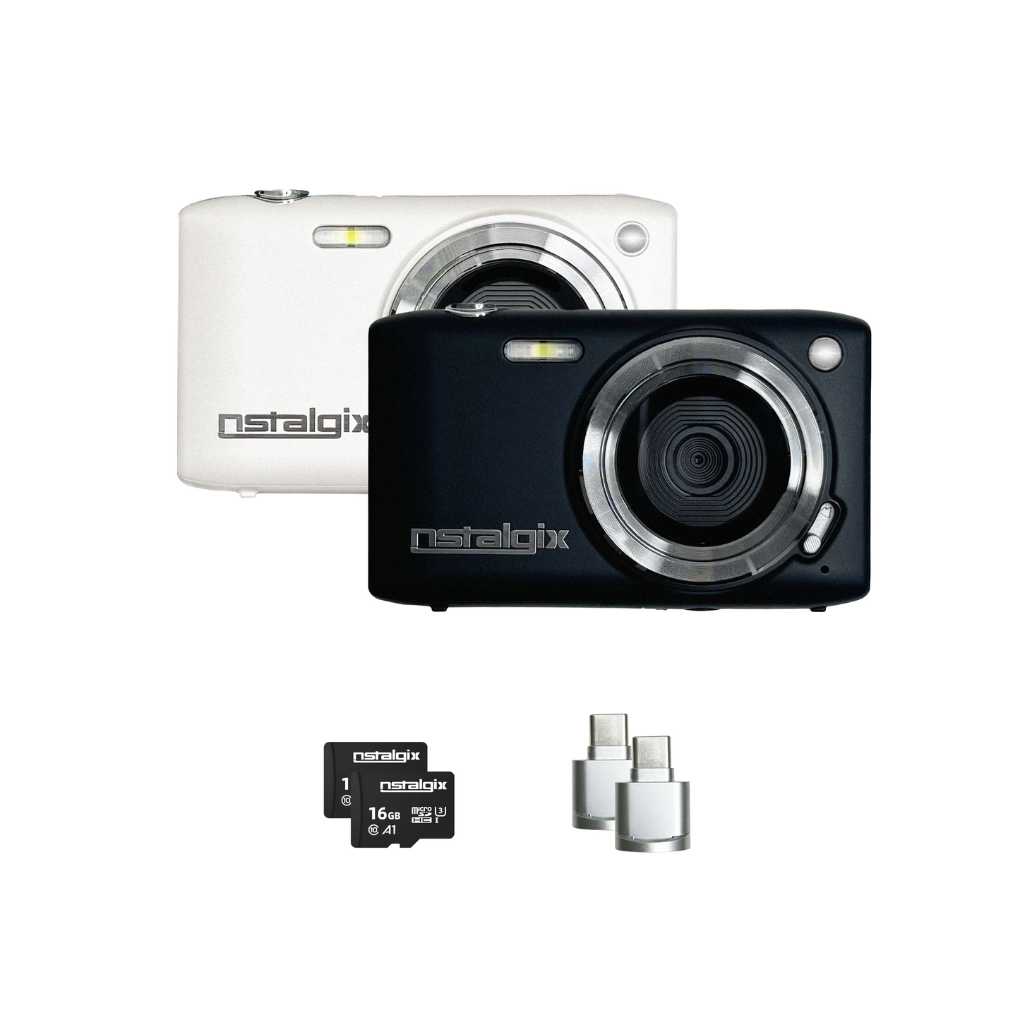 Nstalgix IKON-X Digicam Bestie Bundle with two digital cameras in black and white, including SD card and adapter